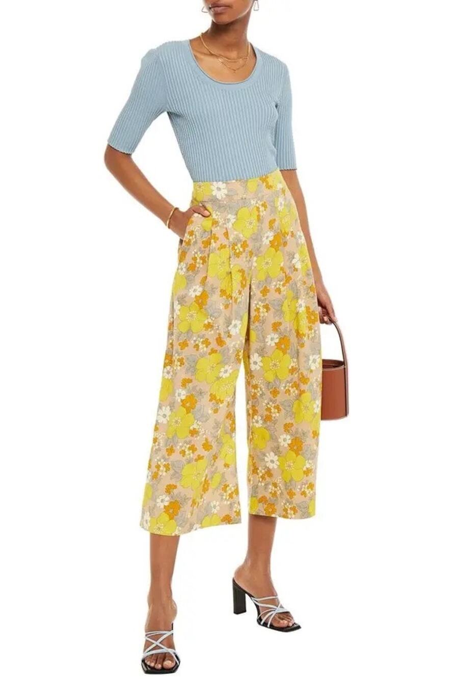 Veronica Beard Leonore Yellow Floral Print Pleated Wide Leg Linen Blend Pants 2